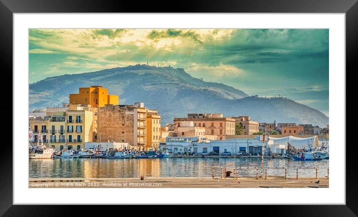 Trapani harbor and city with mountain and Erice in the distance  Framed Mounted Print by Frank Bach