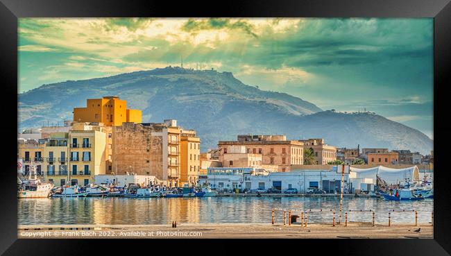 Trapani harbor and city with mountain and Erice in the distance  Framed Print by Frank Bach