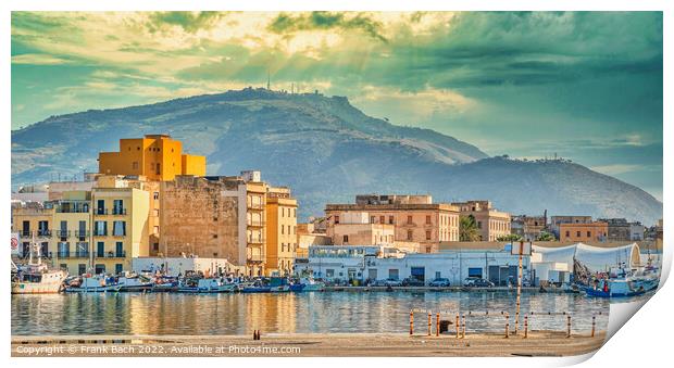 Trapani harbor and city with mountain and Erice in the distance  Print by Frank Bach