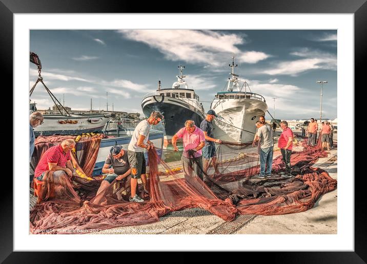 Local fishermen mending their nets in Trapani harbor on Sicily Framed Mounted Print by Frank Bach