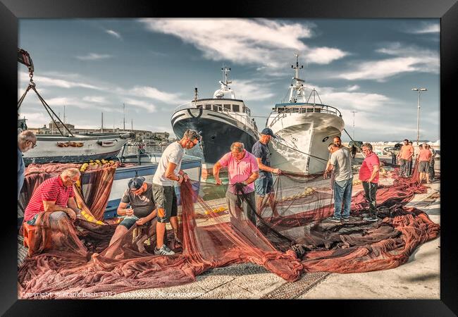 Local fishermen mending their nets in Trapani harbor on Sicily Framed Print by Frank Bach