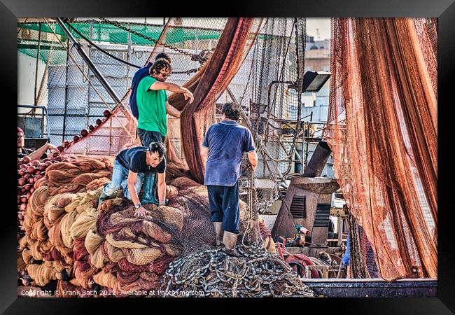 Local fishermen mending their nets in Trapani harbor on Sicily Framed Print by Frank Bach