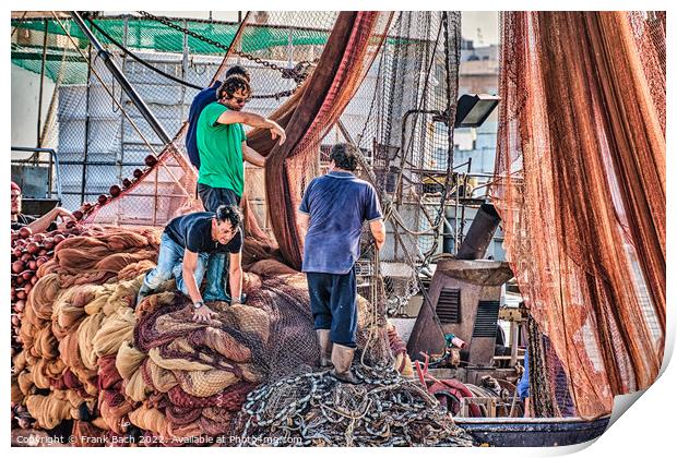 Local fishermen mending their nets in Trapani harbor on Sicily Print by Frank Bach