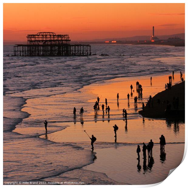 Brighton beach at sunset Print by Millie Brand
