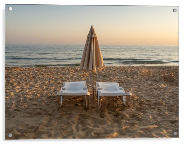 Sun beds on Falesia Beach in Portugal Acrylic by Tony Twyman