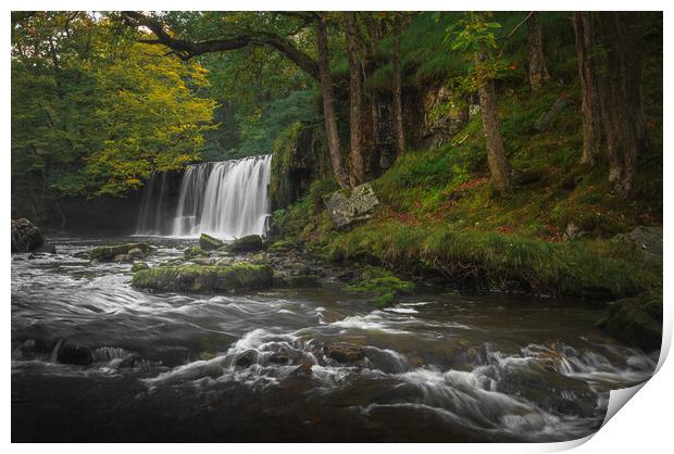 A waterfall with autumnal trees Print by Colin Duffy