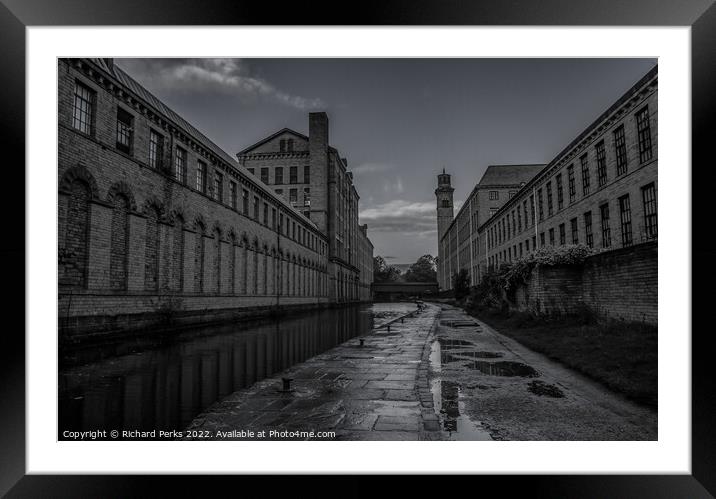 Salts Mill in reflection Framed Mounted Print by Richard Perks