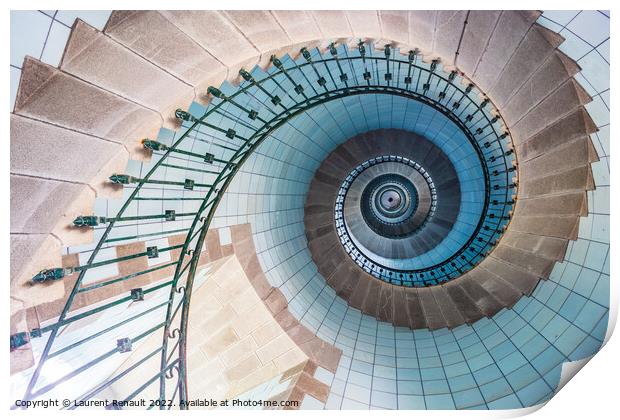 Spiral stairs and blue opaline inside the lighthouse Print by Laurent Renault