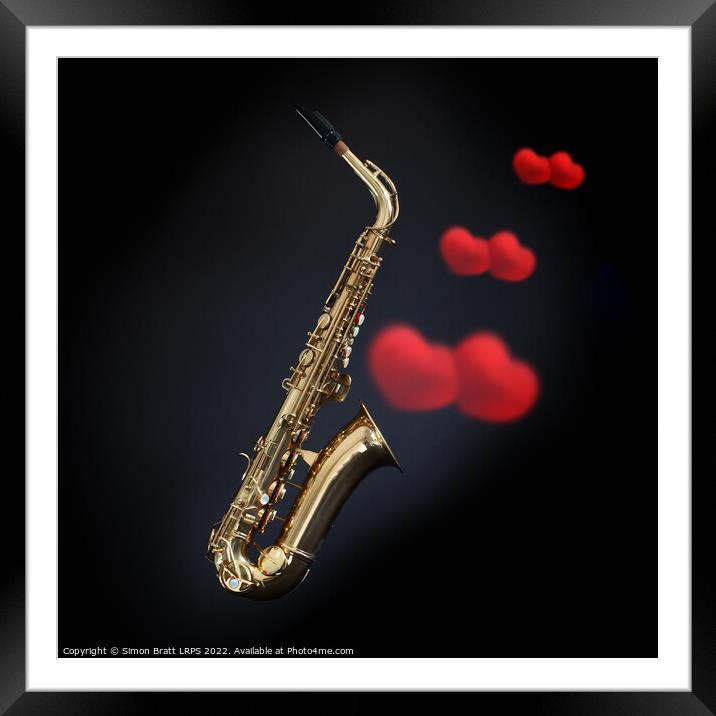 Love saxophone music with hearts on black Framed Mounted Print by Simon Bratt LRPS