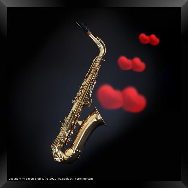 Love saxophone music with hearts on black Framed Print by Simon Bratt LRPS