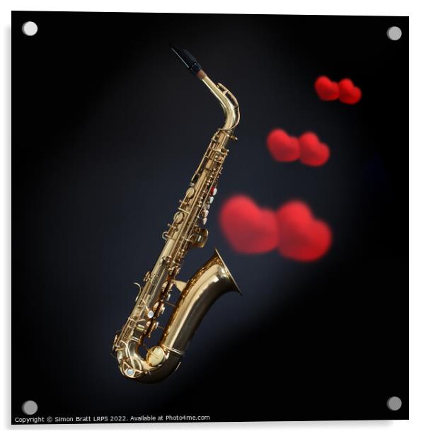 Love saxophone music with hearts on black Acrylic by Simon Bratt LRPS