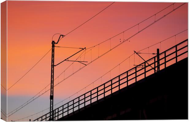 Railway Bridge Electric Traction Sunset Silhouette Canvas Print by Artur Bogacki