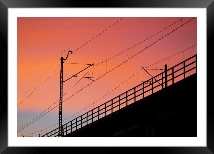 Railway Bridge Electric Traction Sunset Silhouette Framed Mounted Print by Artur Bogacki