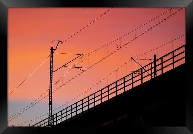 Railway Bridge Electric Traction Sunset Silhouette Framed Print by Artur Bogacki