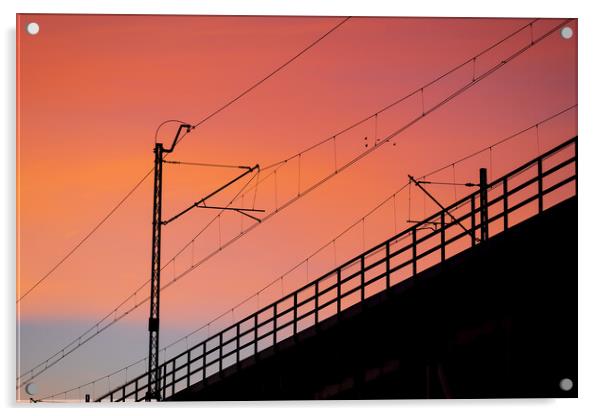 Railway Bridge Electric Traction Sunset Silhouette Acrylic by Artur Bogacki