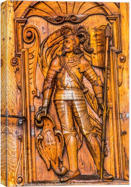 Wooden Saint Mauritius Statue Door Church Lucerne Switzerland  Canvas Print by William Perry