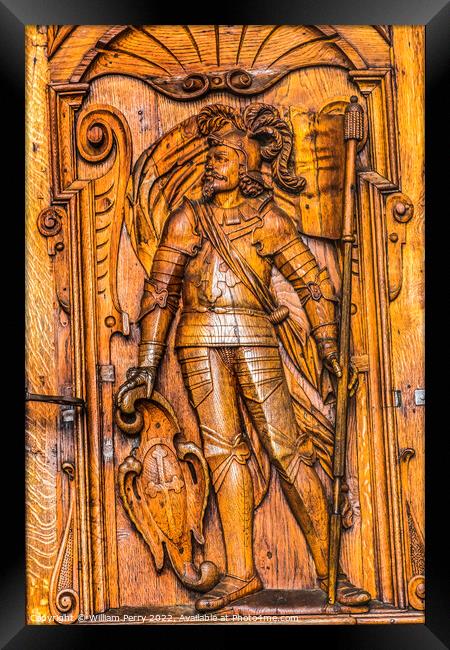 Wooden Saint Mauritius Statue Door Church Lucerne Switzerland  Framed Print by William Perry