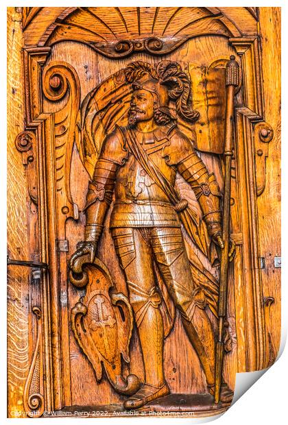 Wooden Saint Mauritius Statue Door Church Lucerne Switzerland  Print by William Perry