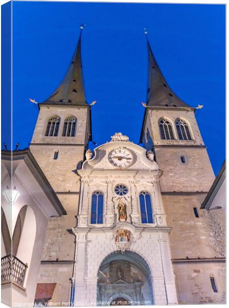 Saint Leodegar Church Basilica Facade Night Lucerne Switzerland  Canvas Print by William Perry