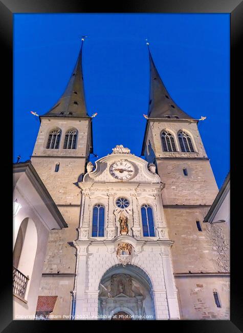 Saint Leodegar Church Basilica Facade Night Lucerne Switzerland  Framed Print by William Perry
