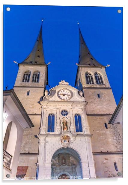 Saint Leodegar Church Basilica Facade Night Lucerne Switzerland  Acrylic by William Perry