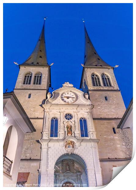 Saint Leodegar Church Basilica Facade Night Lucerne Switzerland  Print by William Perry