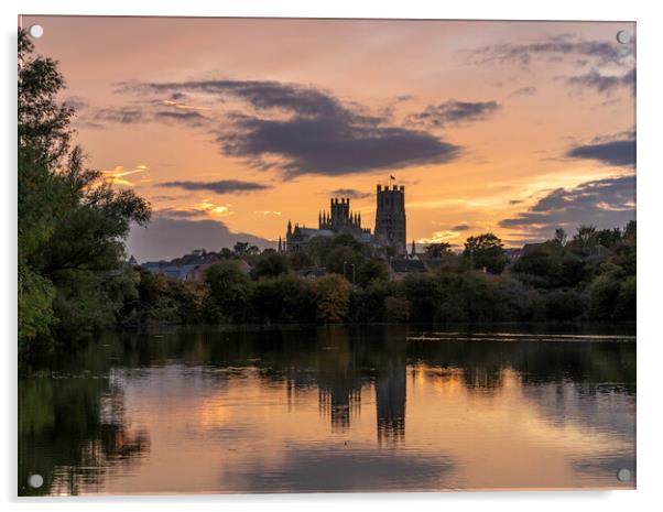 Sunset over Ely, Cambridgeshire, as seen from Roswell Pits, 16th Acrylic by Andrew Sharpe