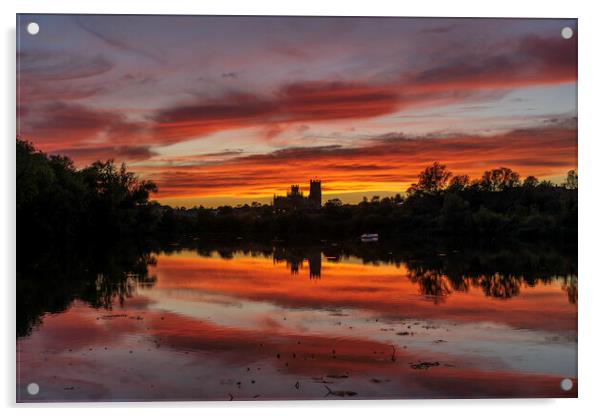 Sunset over Ely, Cambridgeshire, as seen from Roswell Pits, 17th Acrylic by Andrew Sharpe