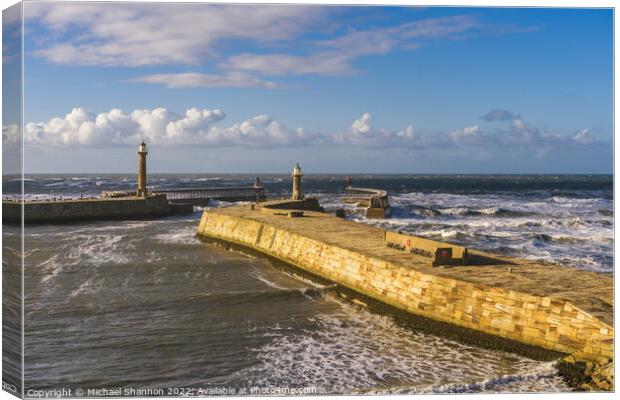 Clifftop view of the East Pier in Whitby, North Yo Canvas Print by Michael Shannon