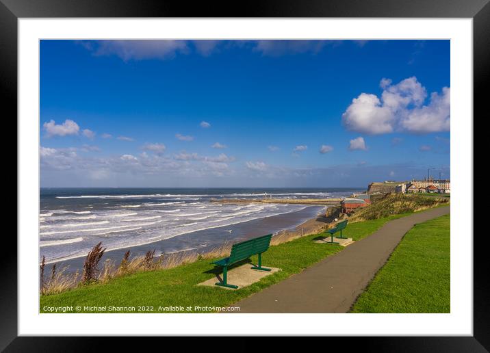 Clifftop view of the sea and beach on a sunny day  Framed Mounted Print by Michael Shannon