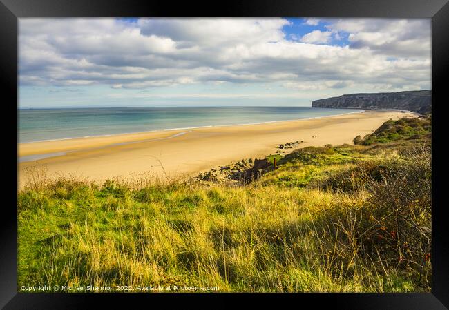 Clifftop view of Reighton and Speeton Sands Framed Print by Michael Shannon
