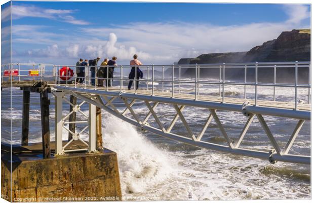 Wave watching from the East Pier in Whitby Canvas Print by Michael Shannon