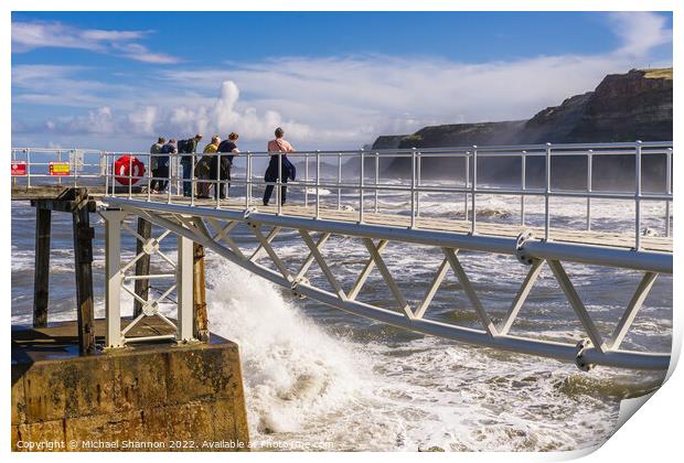 Wave watching from the East Pier in Whitby Print by Michael Shannon