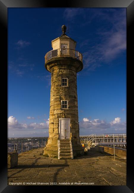 Whitby Lighthouse on the East Pier Framed Print by Michael Shannon