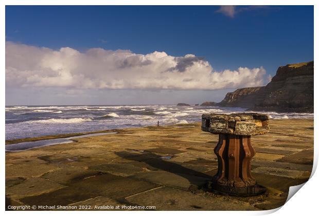 Rusty old Capstan on the East Pier, Whitby, North  Print by Michael Shannon