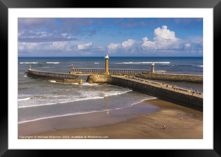 Whitby - West and East Piers and Lighthouses Framed Mounted Print by Michael Shannon