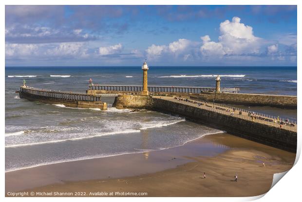 Whitby - West and East Piers and Lighthouses Print by Michael Shannon