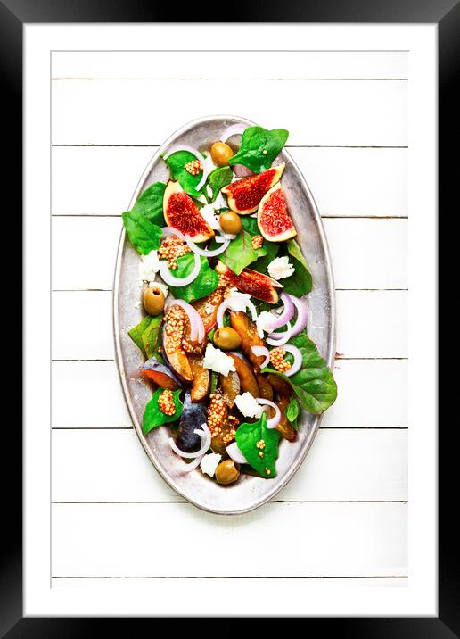 Healthy salad with fruit, olives and herbs Framed Mounted Print by Mykola Lunov Mykola