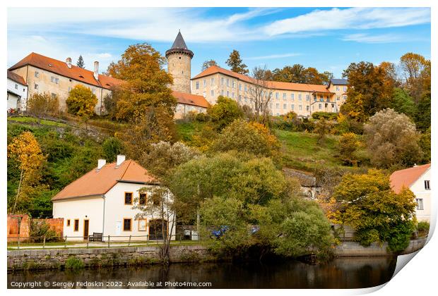 Small town and medieval castle Rozmberk nad Vltavou, Czech Republic. Print by Sergey Fedoskin