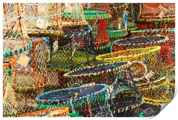 Crab pots stacked in Brixham Harbour Print by Tom Wade-West