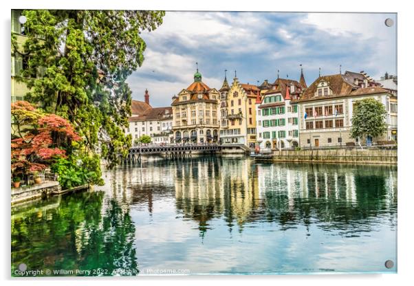 Bridge Inner Harbor Buildings Reflection Lucerne Switzerland Acrylic by William Perry