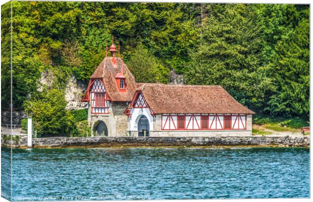 Boathouse Meggenhorn Castle Lake Lucerne Switzerland Canvas Print by William Perry