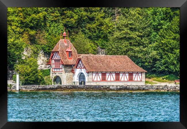 Boathouse Meggenhorn Castle Lake Lucerne Switzerland Framed Print by William Perry