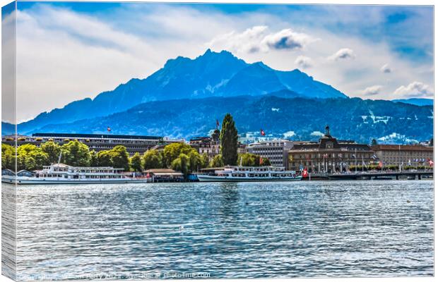 Tour boats Harbor Mount Pilatus Boats Lake Lucerne Switzerland Canvas Print by William Perry
