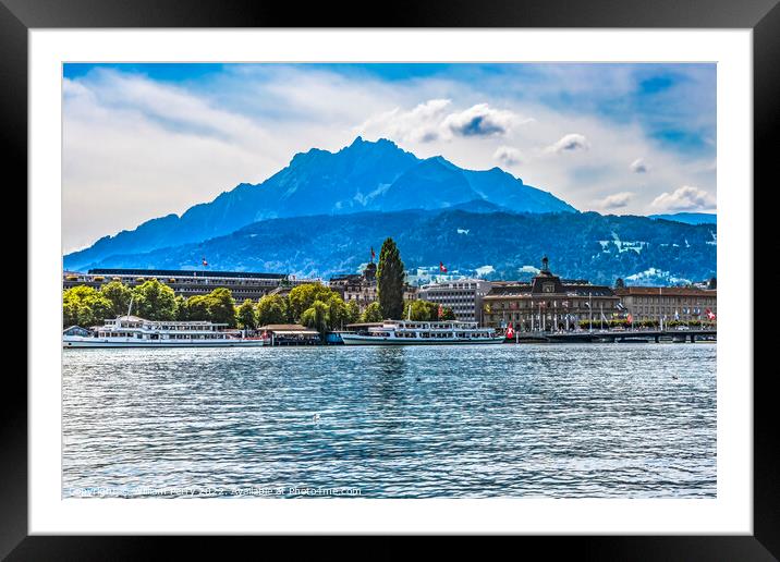 Tour boats Harbor Mount Pilatus Boats Lake Lucerne Switzerland Framed Mounted Print by William Perry