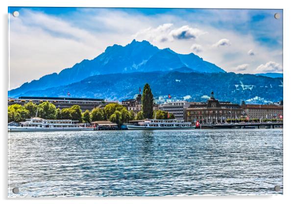 Tour boats Harbor Mount Pilatus Boats Lake Lucerne Switzerland Acrylic by William Perry