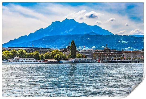 Tour boats Harbor Mount Pilatus Boats Lake Lucerne Switzerland Print by William Perry