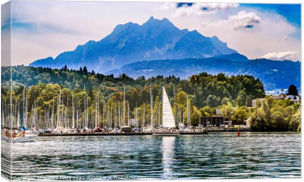 Sailboats Harbor Mountains Lake Lucerne Switzerland Canvas Print by William Perry