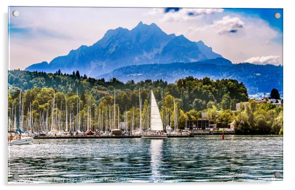 Sailboats Harbor Mountains Lake Lucerne Switzerland Acrylic by William Perry