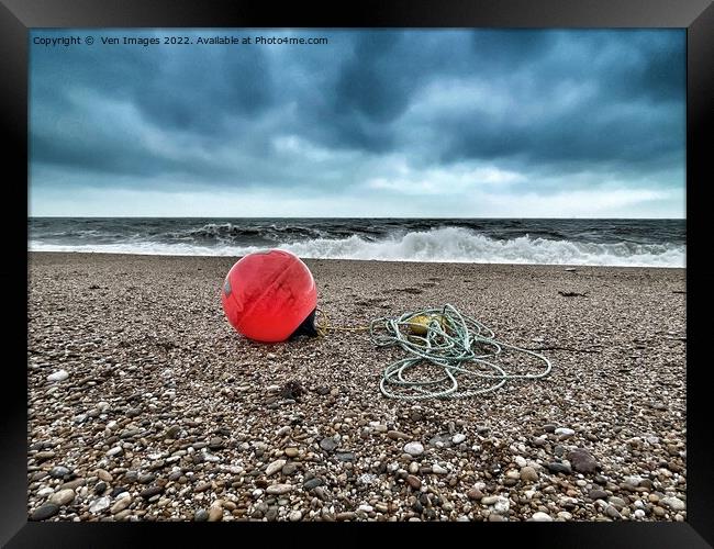 Beach and buoy on A Devon Beach Framed Print by  Ven Images